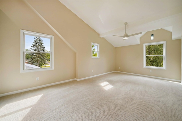 additional living space featuring light carpet, a healthy amount of sunlight, and vaulted ceiling