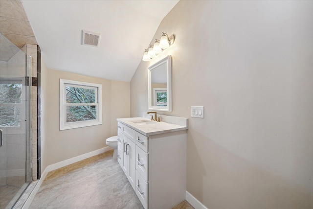 bathroom featuring toilet, vanity, vaulted ceiling, and a shower with door