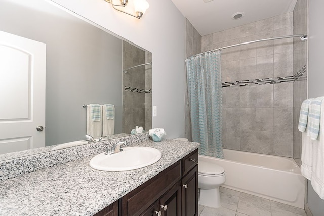 full bathroom featuring vanity, toilet, and shower / bathtub combination with curtain