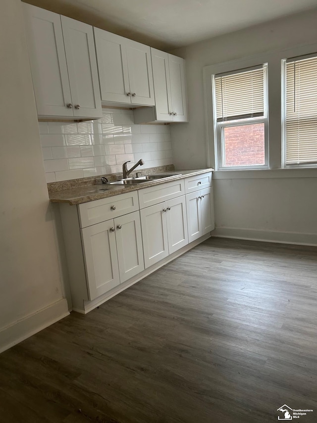 kitchen with dark wood finished floors, white cabinetry, a sink, and backsplash