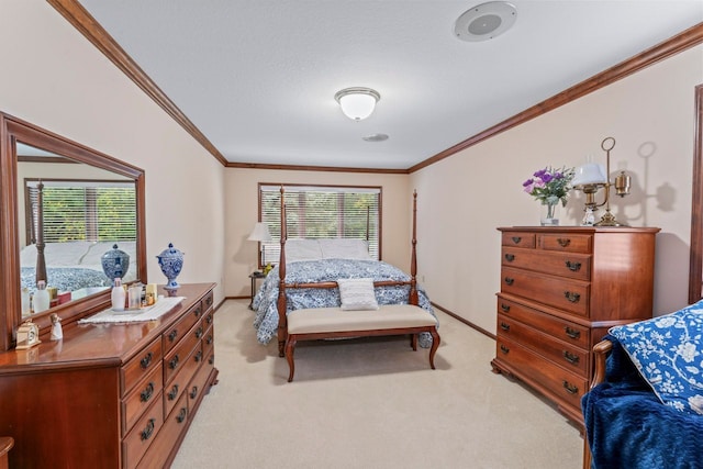 bedroom featuring multiple windows, light carpet, and ornamental molding