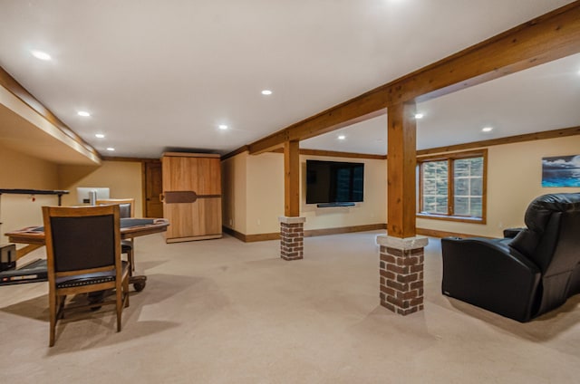 living room featuring light colored carpet and ornamental molding