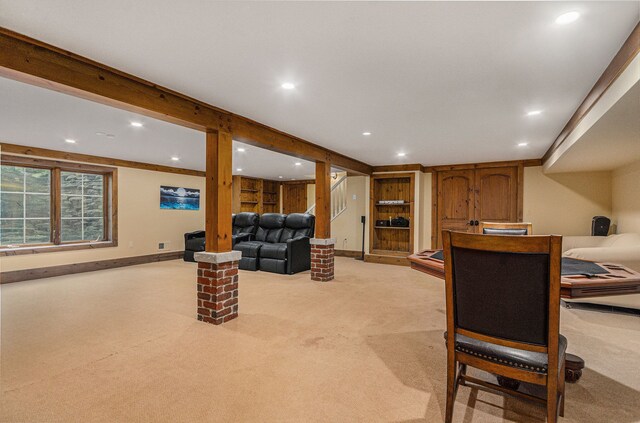 26061 Hawthorne Dr, Franklin, MI 48025 - living area with light carpet, recessed lighting, and baseboards