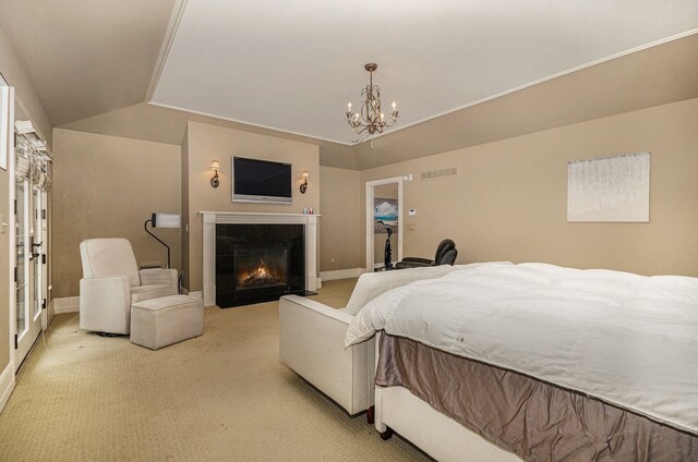 26061 Hawthorne Dr, Franklin, MI 48025 - bedroom featuring a fireplace with flush hearth, a chandelier, light carpet, baseboards, and lofted ceiling