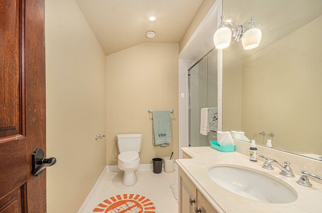 26061 Hawthorne Dr, Franklin, MI 48025 - full bath with vanity, tile patterned flooring, a stall shower, toilet, and lofted ceiling