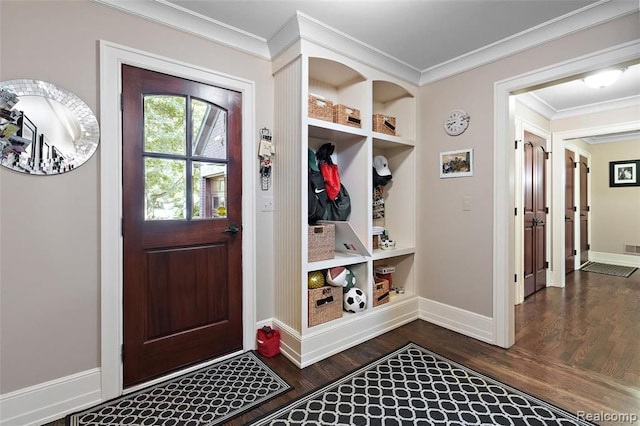 mudroom with dark hardwood / wood-style floors and ornamental molding