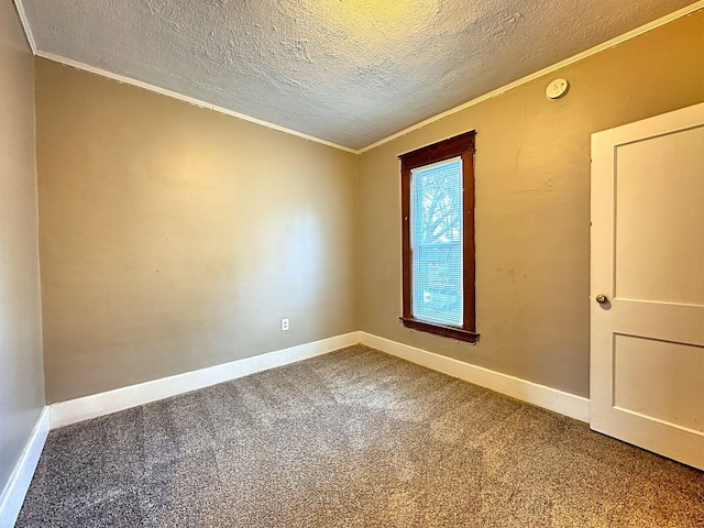 spare room with a textured ceiling, carpet floors, and ornamental molding