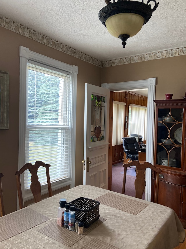 carpeted dining room with a textured ceiling