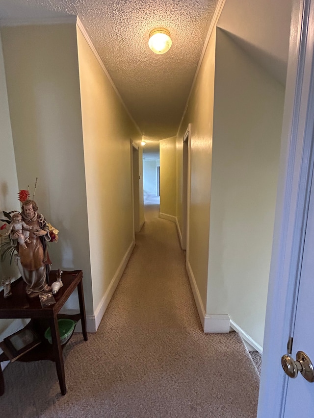 hall featuring carpet, a textured ceiling, and ornamental molding