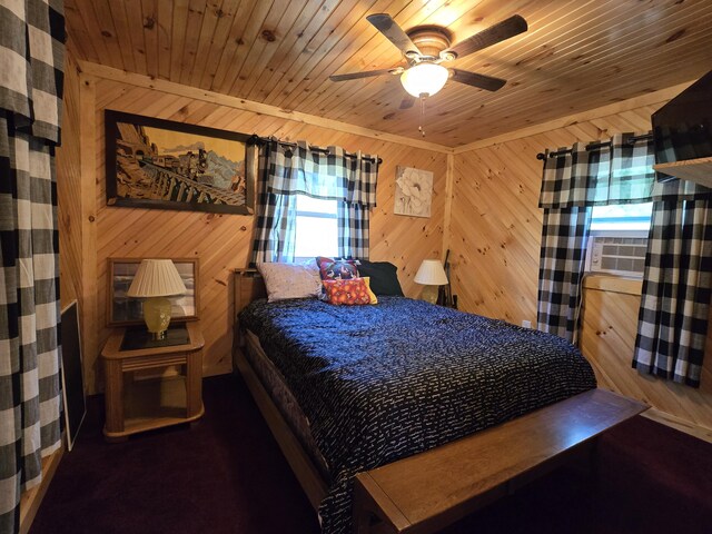 12259 Niemi, Kaleva, MI 49645 - bedroom featuring wooden walls, wood ceiling, and a ceiling fan