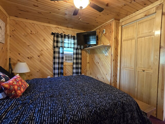 12259 Niemi, Kaleva, MI 49645 - bedroom featuring wooden walls, wooden ceiling, and ceiling fan