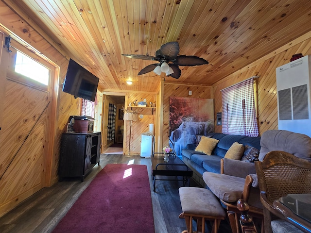 living room featuring wood ceiling, wooden walls, ceiling fan, and dark wood-type flooring