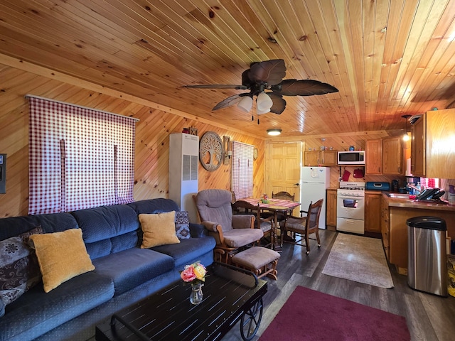 living room with wooden walls, ceiling fan, wooden ceiling, and dark hardwood / wood-style floors