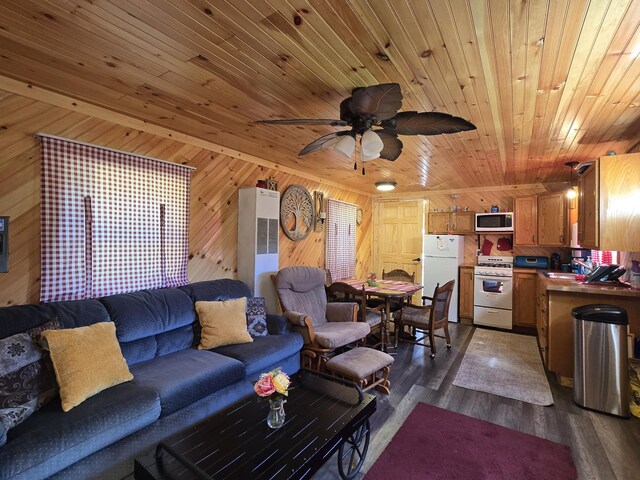 12259 Niemi, Kaleva, MI 49645 - living room with wood ceiling, ceiling fan, wood walls, and dark wood-style flooring