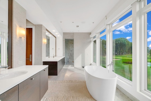 bathroom featuring vanity, separate shower and tub, and plenty of natural light