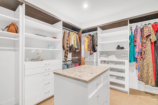 spacious closet featuring light colored carpet