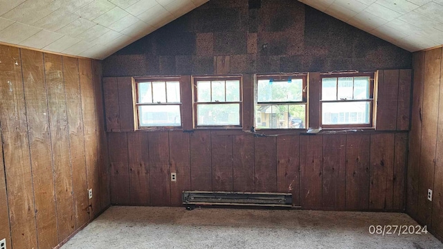 spare room with lofted ceiling, a wealth of natural light, and wooden walls