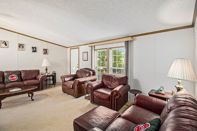 living room featuring a textured ceiling, crown molding, lofted ceiling, and light carpet