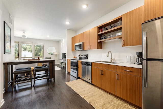 kitchen with appliances with stainless steel finishes, ceiling fan, dark wood-type flooring, and sink