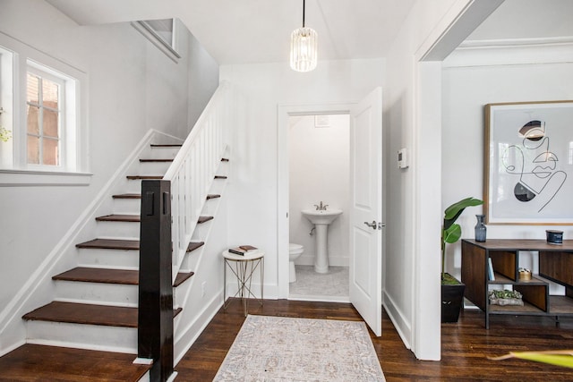 stairway with hardwood / wood-style floors and sink