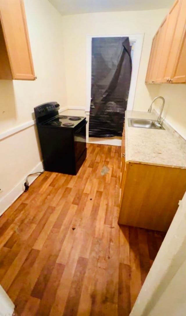 kitchen featuring black / electric stove, sink, light brown cabinetry, and light wood-type flooring