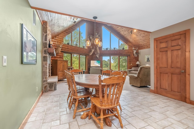 dining space featuring wooden ceiling, high vaulted ceiling, and a notable chandelier