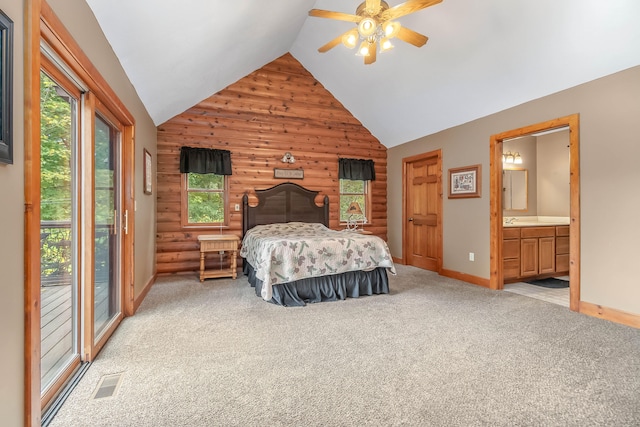 bedroom featuring access to exterior, light carpet, ensuite bathroom, and ceiling fan