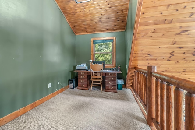 carpeted home office with wooden ceiling and vaulted ceiling