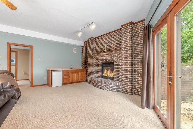 living room with sink, a fireplace, carpet floors, and rail lighting