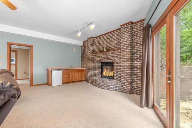 2488 Wilson St, Hillsdale, MI 49242 - unfurnished living room with light colored carpet, a fireplace, rail lighting, and baseboards