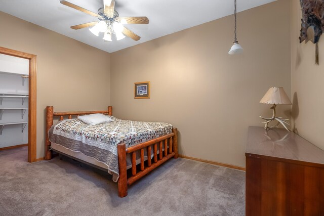 carpeted bedroom featuring a walk in closet, a closet, and ceiling fan