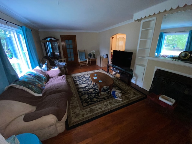 living room featuring wood-type flooring and crown molding