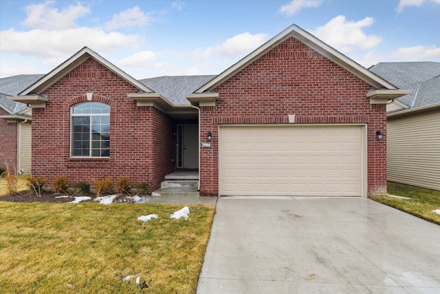 ranch-style home featuring driveway, a shingled roof, an attached garage, a front lawn, and brick siding