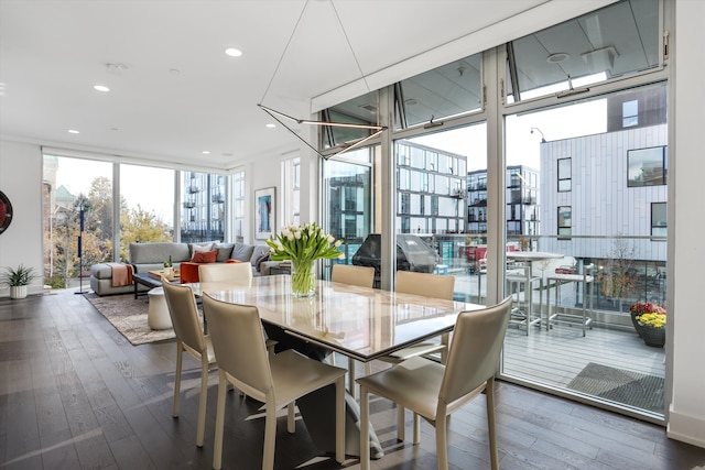 dining room featuring dark hardwood / wood-style flooring and a wall of windows