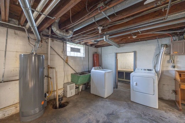 basement with independent washer and dryer, sink, electric panel, and water heater