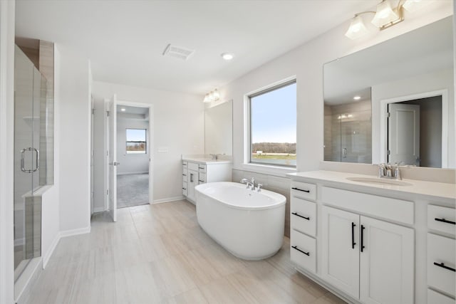 full bathroom with a sink, visible vents, a healthy amount of sunlight, and a shower stall