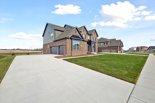 view of front of home featuring driveway, a front lawn, an attached garage, a shingled roof, and brick siding