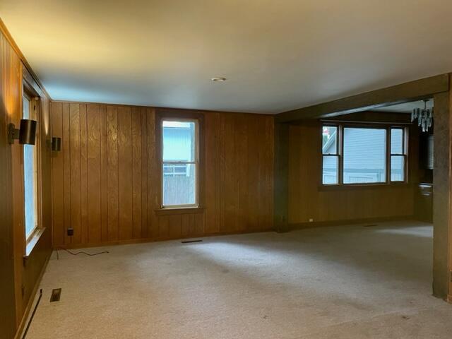 120 Oak St, Hillsdale, MI 49242 - spare room featuring wood walls and light colored carpet