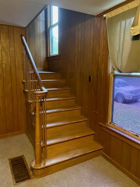 120 Oak St, Hillsdale, MI 49242 - stairway featuring wood walls and carpet flooring