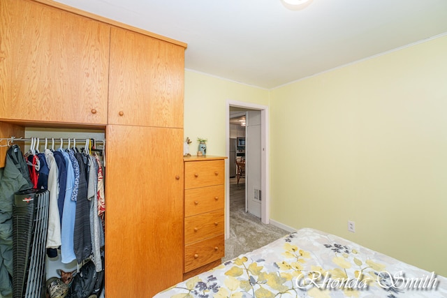 bedroom featuring light carpet and a closet
