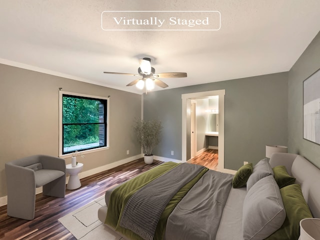 bedroom featuring hardwood / wood-style floors and ceiling fan