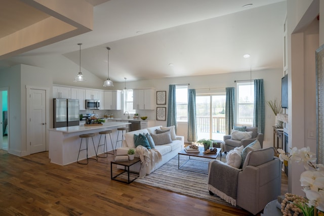 living room with dark hardwood / wood-style floors, lofted ceiling, and sink