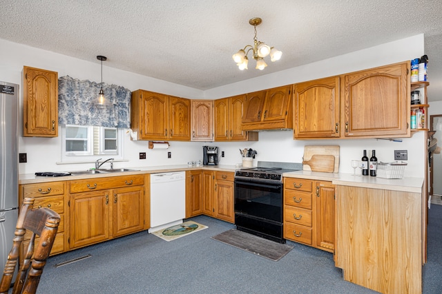 kitchen with dark carpet, black range with electric cooktop, sink, dishwasher, and hanging light fixtures