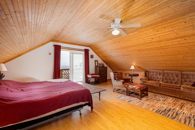 bedroom featuring wood-type flooring, wooden ceiling, ceiling fan, and lofted ceiling