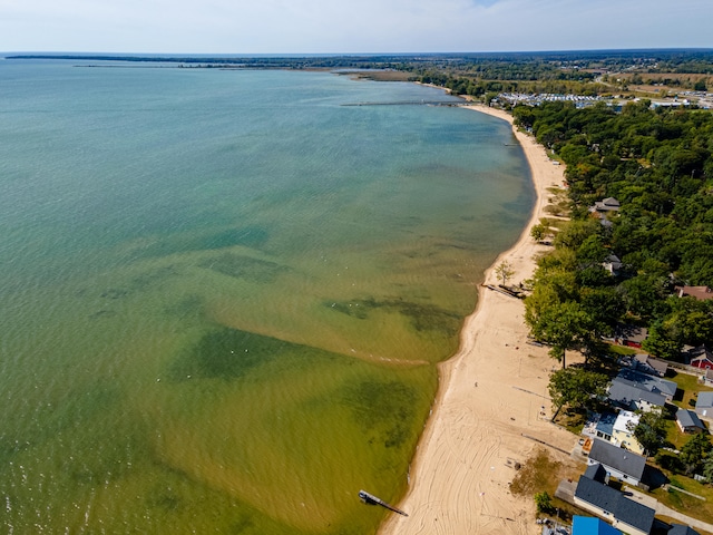 birds eye view of property with a water view and a beach view