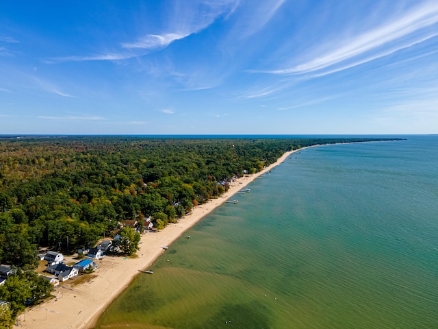 birds eye view of property featuring a water view and a beach view