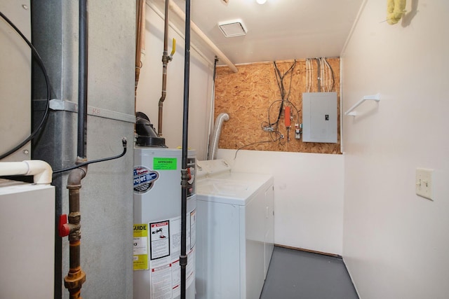 laundry room with washing machine and clothes dryer, electric panel, heating unit, and gas water heater