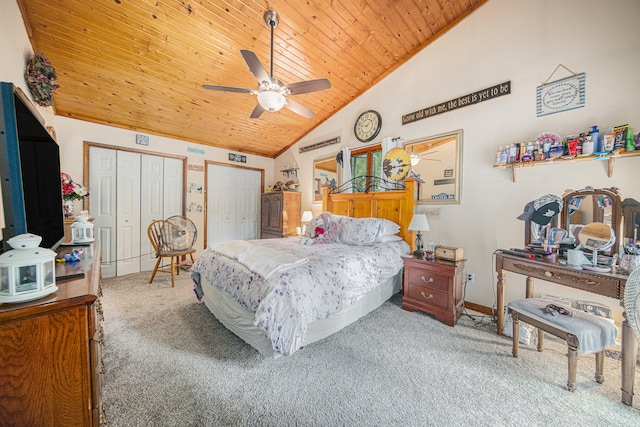 carpeted bedroom with multiple closets, high vaulted ceiling, ceiling fan, and wooden ceiling