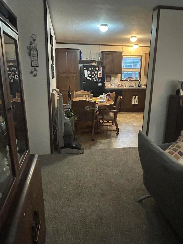 office space featuring carpet flooring and a textured ceiling