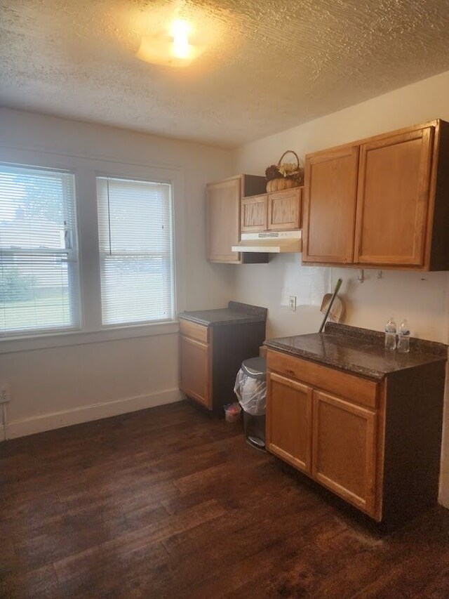 kitchen featuring dark wood-type flooring and a textured ceiling